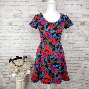 NWT Maison Jules Size XS Black Floral Rose Print Cap Sleeve Fit & Flare Dress
